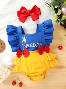 Baby's "Princess" Print Color Clash Triangle Bodysuit, Lovely Bowknot Decor Cap Sleeve Romper, Toddler & Infant Girl's Onesie For Summer, As Gift Cute