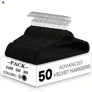 30/50/100Pcs Velvet Non-Slip Clothes Hangers with 360° Swivel Hook & Tie Bar for Wardrobe Storage