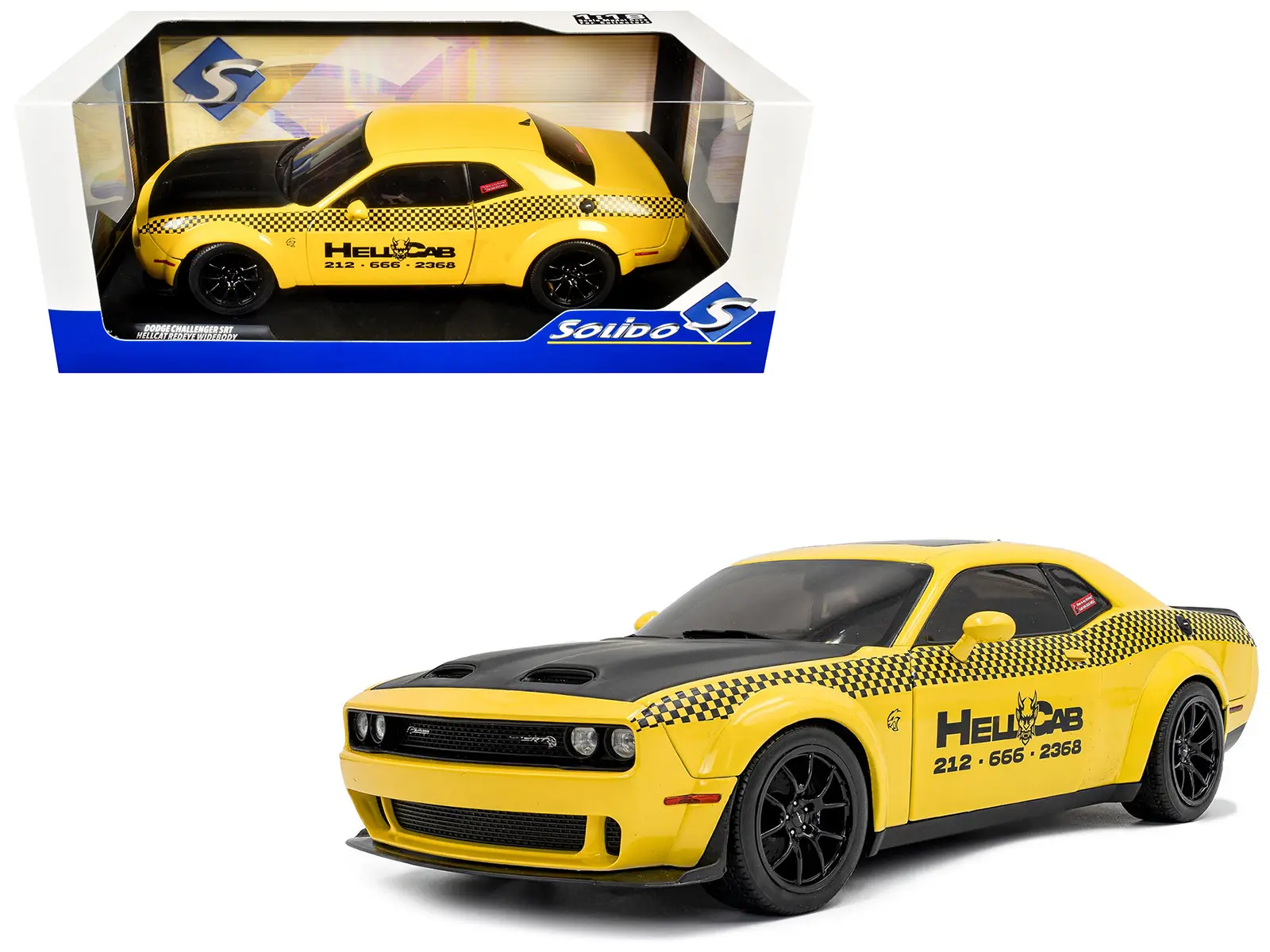 2023 Dodge Challenger SRT Hellcat Redeye Widebody Taxi Yellow with Black Hood and Graphics 1/18 Diecast Model Car by Solido