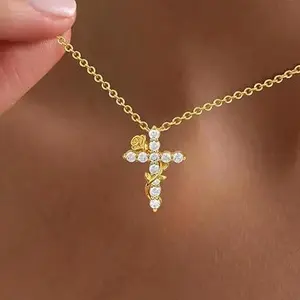 Tewiky Rose-Encircled Cross Women's Everyday Necklace Zirconia Cross Pendant Necklace Luxurious Fashionable Collarbone Chain Jewelry Rotating Cross Rose Circle Pendant Necklace
