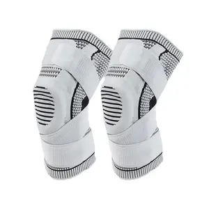 A pair of sports silicone knee braces, featuring climbing, basketball, compression straps, support, breathability, meniscus joint protection, and running gear.