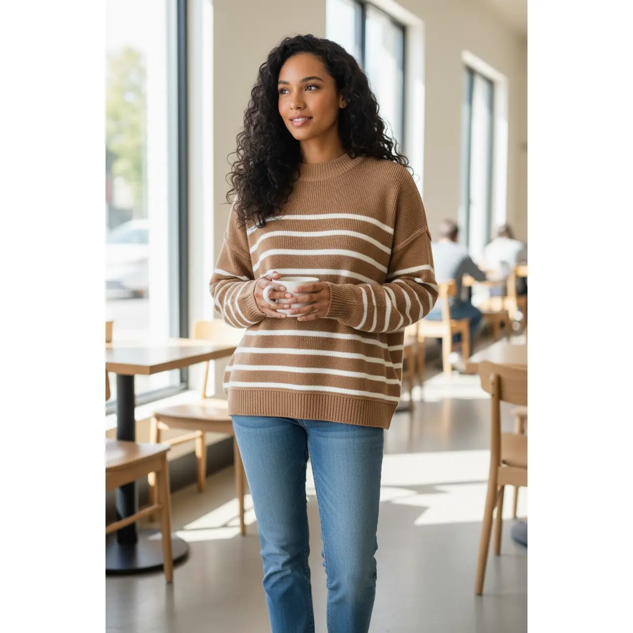 Cozy Days Striped Oversized Sweater - Deep Camel Long Sleeve Drop Shoulder Medium Length Casual Autumn Knitwear Loose Fit Ribbed Design Stretchy Women's Sweater