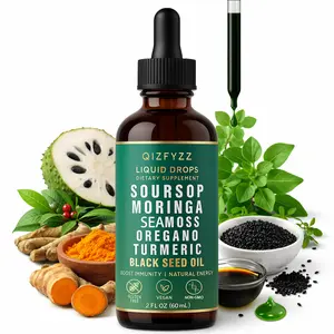 Soursop Bitters 10-in-1 Herbal Liquid Drops with Nori, Moringa, Turmeric, Black Seed Oil, Oregano, and Ashwagandha — a blend of natural extracts for overall wellness. Vegan, Non-GMO, 2 fl. oz.