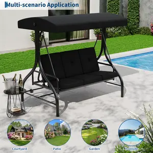 Porch Swing with Stand, 3 Seat Outdoor Patio Swing, 2-in-1 Convertible Swing Bed, Thick Soft Cushion & Adjustable Removable Canopy, for Backyard Garden Patio Poolside