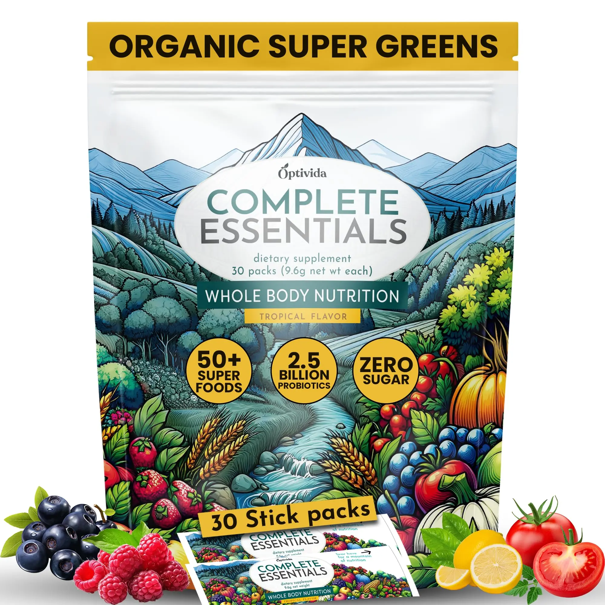 OPTIVIDA Fruits & Veggie Mix Super Greens Powder Packets (30 Days)- 50+ Superfood Green Juice Powder & Greens Supplements W/Probiotic, Antioxident, Digestive Enzymes & Adaptagen Blends for Gut Health