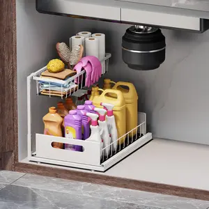 Under Sink Organizer 2 Tier Slide Out Kitchen Cabinet Rack Holder Sturdy Metal L-Shape Design Rust-Resistant Storage