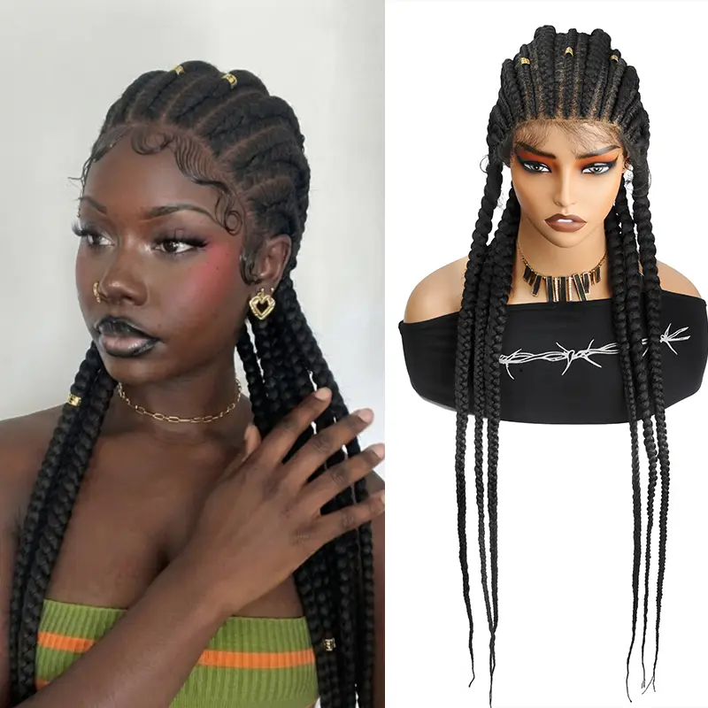 36 Inch Straight Back Jumbo Box Braided Wigs For Black Women Full Lace Synthetic Glueless Wig Classic Hanging Cornrows Ready To Wear No Glue Long Protective Hairstyle Daily Holiday Party Look #JumboBoxBraids #BraidedWig #GluelessWig