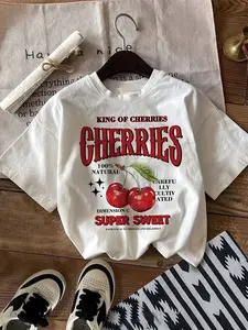 Women's Casual Y Crew Neck T-Shirt - White Cherry Print with "King of Cherries" Graphic, Breathable Summer Top, Machine Washable, Spring Fashion Trendy Graphic Tee, Comfortable Fit for Daily Wear, Lightweight Street Style Top