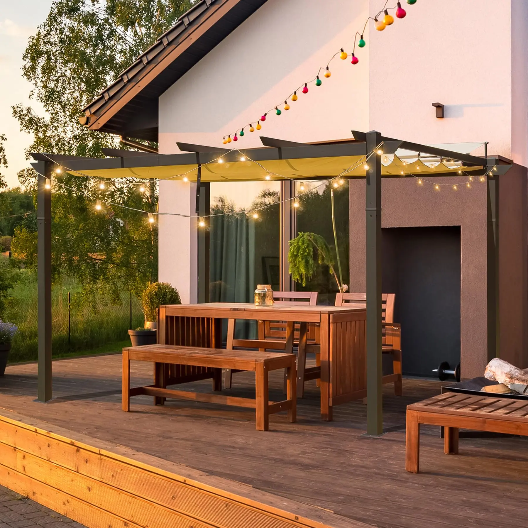 Domi Outdoor Living 9’ x 13’ Outdoor Retractable Pergola Against The Wall with Weather-Resistant Canopy Aluminum Garden Pergola Patio Grill Gazebo for Courtyard