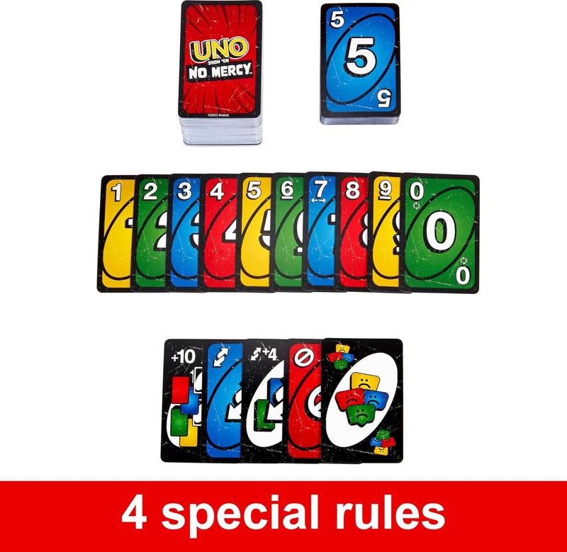 UNO Show 'em No Mercy Card Game for Kids Adults & Family Parties Travel with 56 Extra Cards Special Rules Tougher Penalties USA Edition