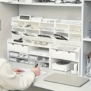 Upgraded Thickened Double Height Desktop Bookshelf for Dormitory Office Stationery Books Small Organizer with Wood Construction