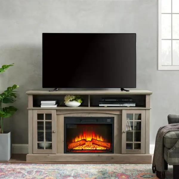58" Rustic TV Stand with 23" Electric Fireplace Heater, Media Entertainment Center Console Table for TV up to 65" with Open Storage Shelves and Cabinets (Gray Wash)