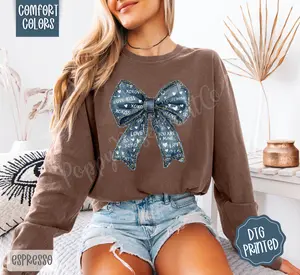 Denim Bow Long Sleeve Comfort Colors, Trendy Women's Shirt