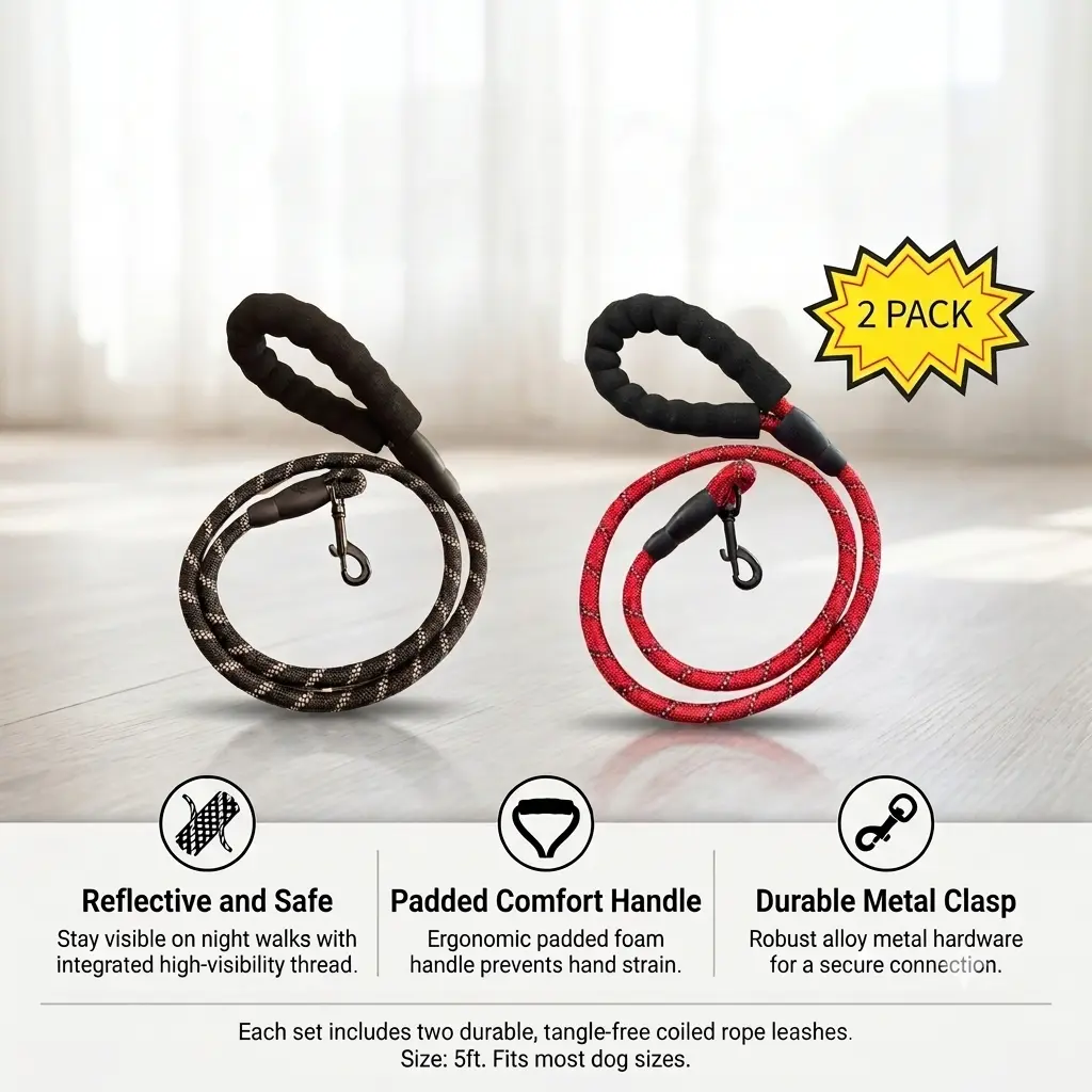 Dog Safety Walking Leash Leads 2-Pack, Durable Nylon 4ft Leashes with Padded Non-Slip Handle & Reflective Threads, Hand Washable for Active Breeds, Safety Leash Sponge Handle Leash