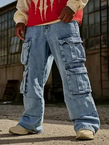 Multi-Pocket Cargo Denim Jeans for Men in a Vintage Blue Wash. Relaxed, Straight-Leg Tapered Fit. Finished with a Distressed Wash for a Classic American Workwear and Military Inspired Look. A sturdy, casual essential.