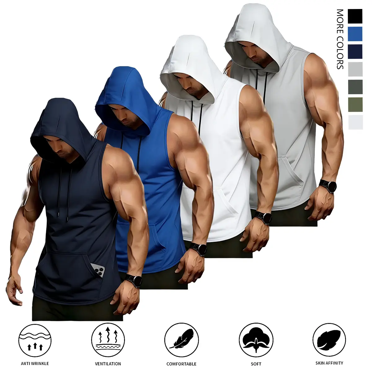 Men’s athletic sleeveless tops (set of 4), hooded tank-style sports shirts, pullover gym training tops—suitable for everyday wear and fitness workouts.