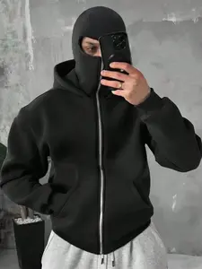 1PC Men's Black Hooded Zipper Workout Jacket with Face Shield, Techwear and Ninja-Inspired Style, Lightweight and Windproof, Ideal for Urban Exploration and Daily Commute