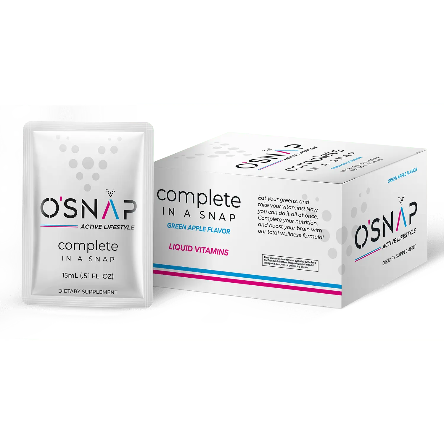 O'snaps COMPLETE IN A SNAP One Months Supply 28 Servings Multi-Vitamin with Organic Superfoods & NeuroFactor® Green Apple Flavor