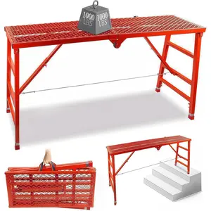 Foldable Scaffolding Platform, 70.8x15.7x35.4-57 Inch Welded Steel Work Platform, 770 Lbs Capacity, Adjustable Height Industrial Step Ladders, Ideal for Painting, Wiring and Home Decor, Red