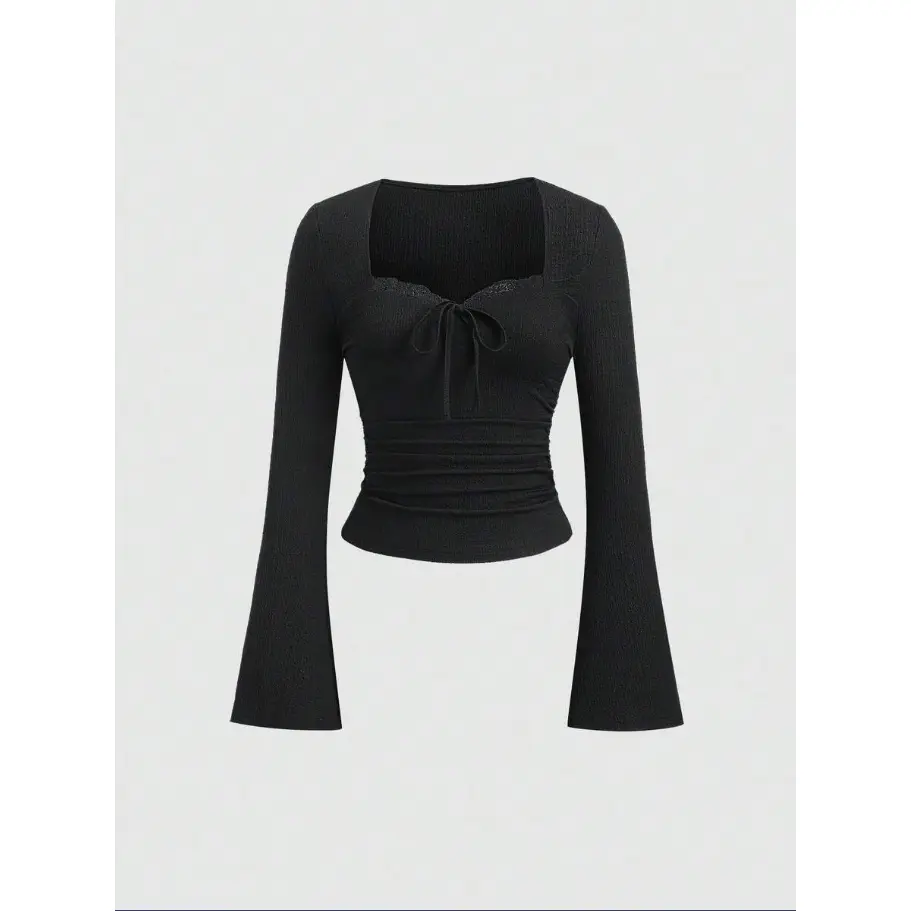 LUNA LAYER Womens Elegant Lace Trim Tie Bow Flare Sleeve Slim Fit Top