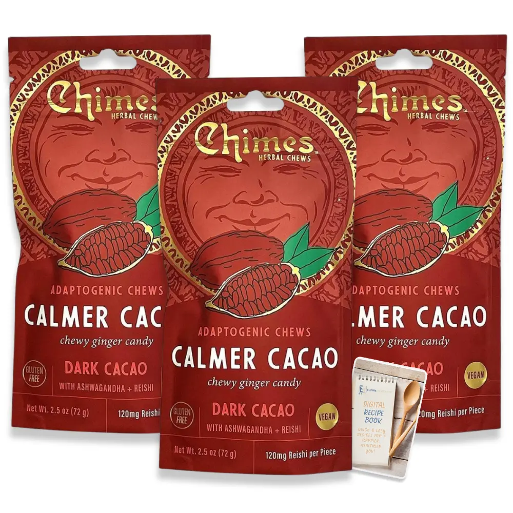 Chimes Calmer Cacao Adaptogen Ginger Chews Candy Pack of 3, 7.5 oz total with Ashwagandha, Reishi and Theobromine