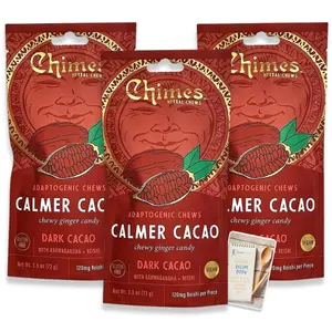 Chimes Calmer Cacao Adaptogen Ginger Chews Candy Pack of 3, 7.5 oz total with Ashwagandha, Reishi and Theobromine