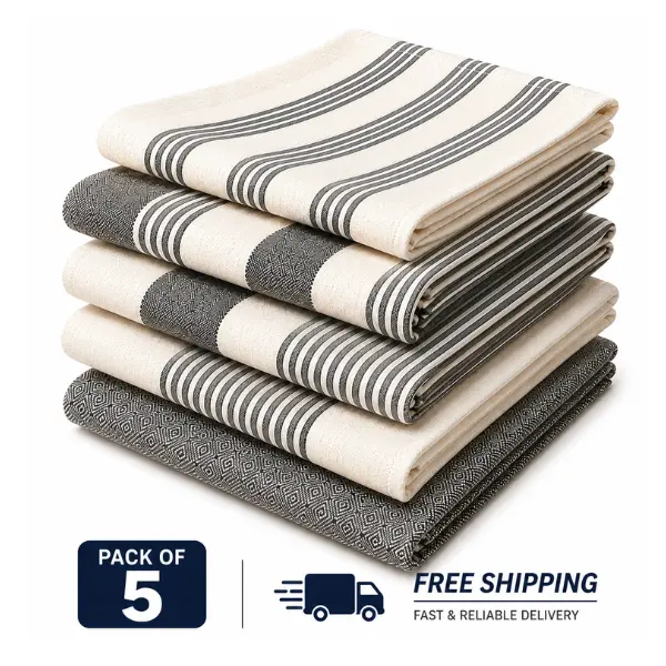 5-Pack 100% Cotton Striped Cleaning Cloth Kit (16"x28") - Soft, Ultra Liquid Absorbent, Quick Dry, Durable Towels for Kitchen Dish, Household Hand Drying Super Absorbent Reusable Super Absorbent Reusable Absorbant Clean Towel