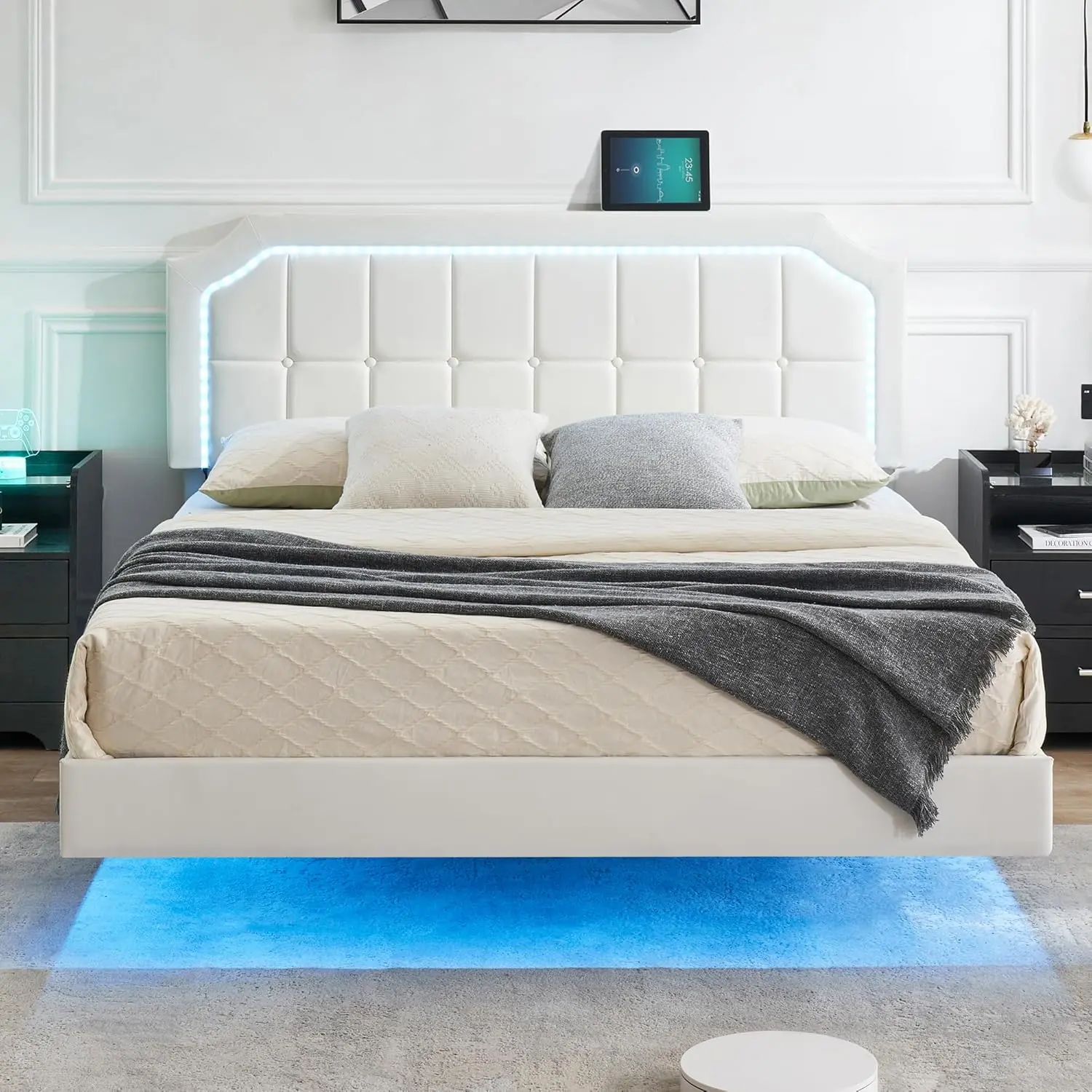 Faux Leather Floating Bed Frame Queen, Upholstered Platform Bed Frame with Led Lights and Headboard Queen Led Visual Floating Bed, No Box Spring Needed, Easy to Assemble.White
