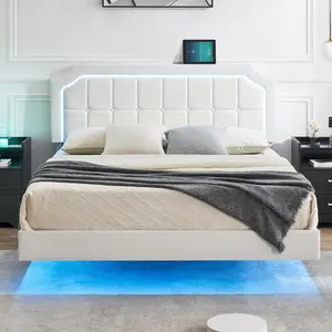 Faux Leather Floating Bed Frame Queen, Upholstered Platform Bed Frame with Led Lights and Headboard Queen Led Visual Floating Bed, No Box Spring Needed, Easy to Assemble.White