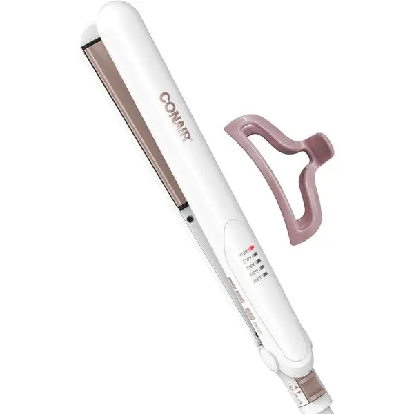 Conair Hair Straightener, Double Ceramic, 1" Extra-Long Plates Double ceramic hair straightener for all hair types with 5 heat settings to 410°F, 30-second heat up & a claw clip
