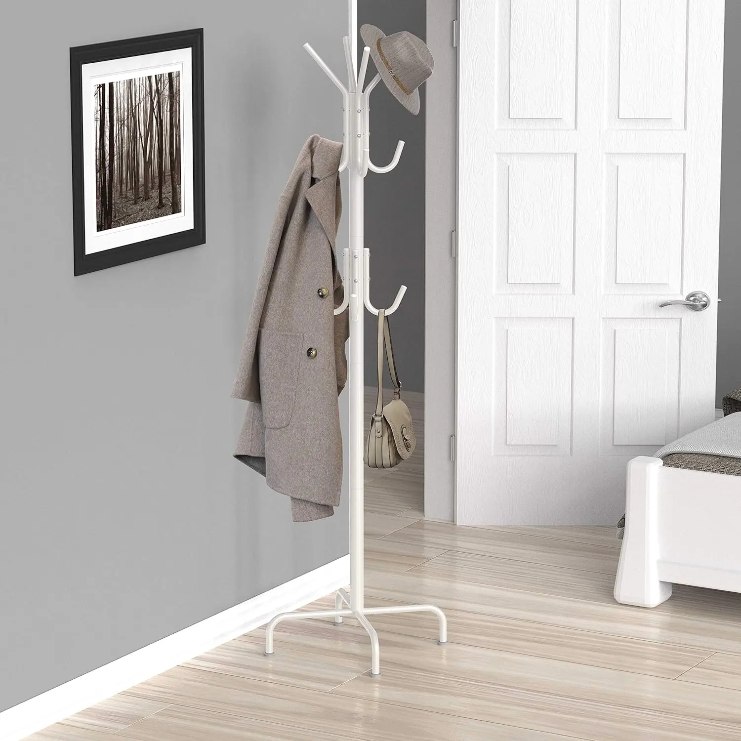 Simple Houseware Standing Coat and Hat Hanger Organizer Rack, 12 Hooks White