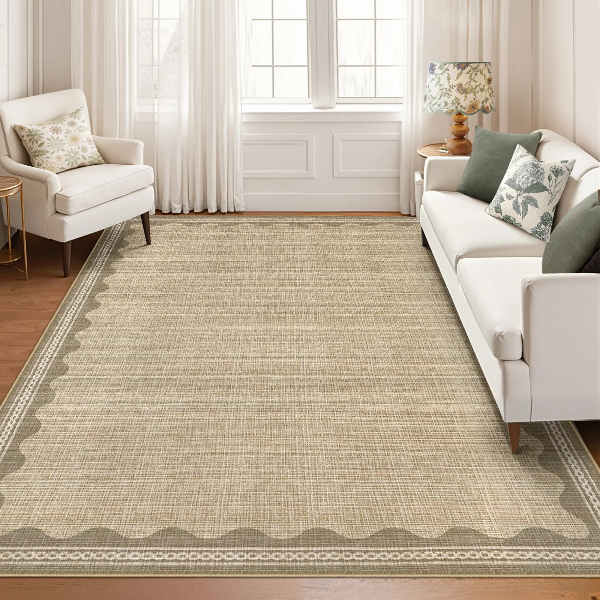 Scalloped Rug Modern Border Rug Washable Short Pile Non-linting Rug for Bedroom and Living room