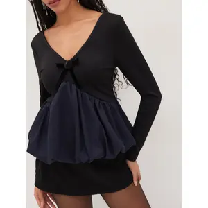 Cider V-neck Rosette Bowknot Bubble Hem Blouse