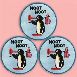Pack of 3 “NOOT” Funny Penguin Embroidery Patches, Small Round Size, With Adhesive Backing for Easy Installation; Can Be Heat-Pressed or Sewn onto Clothes, Hats, Bags, and Pants
