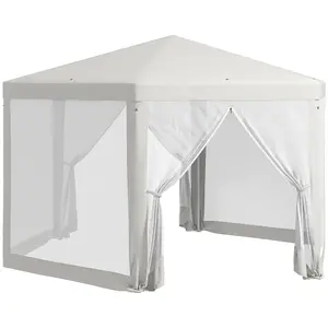 13' x 11' Outdoor Party Tent – Hexagon Sun Shade Shelter Canopy with Protective Mesh Sidewalls, 2 Zippered Doors, Strong Steel Frame, Ropes & Stakes, for Backyard, Weddings, BBQs, Cream