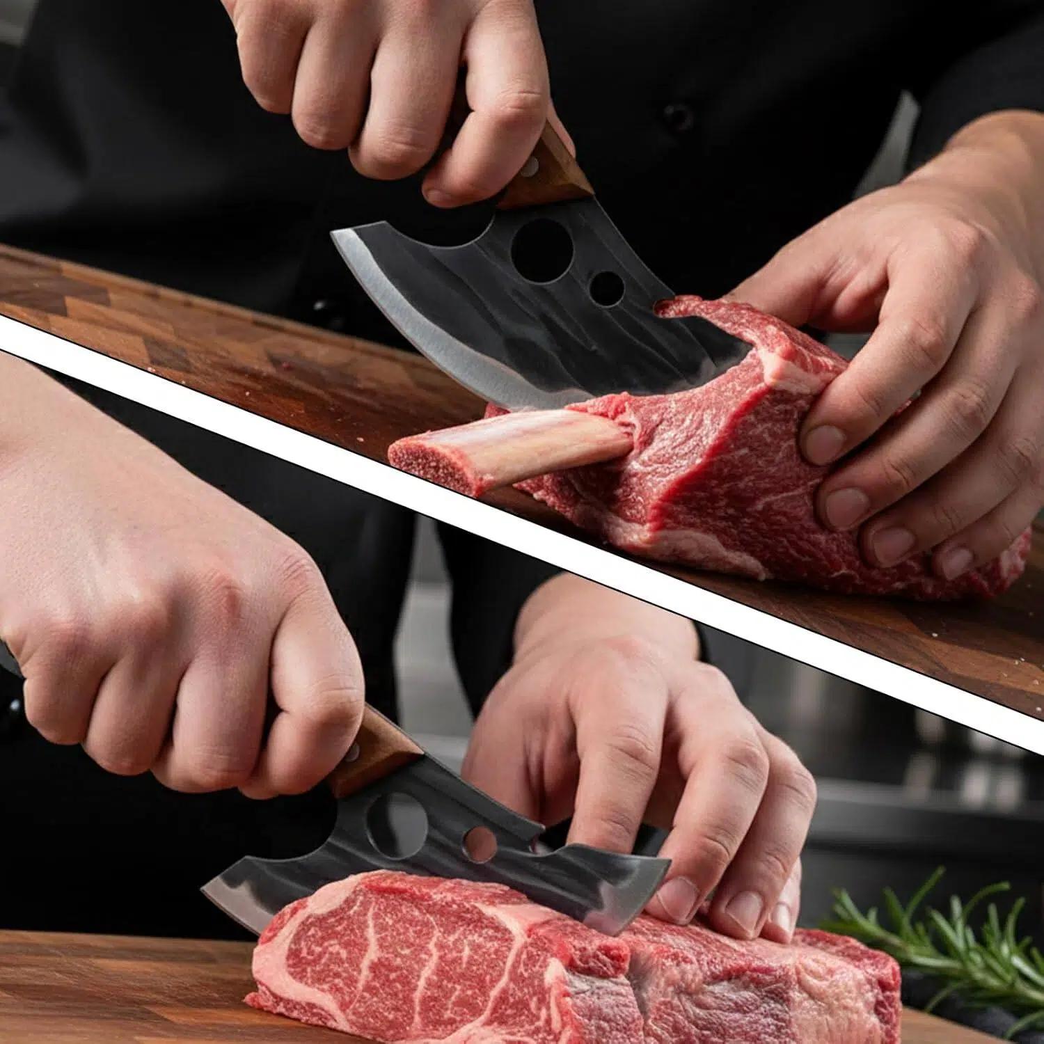 2PCS Outdoor BBQ Butcher Knife Set, Sharp Lightweight Cleaver & Viking Knife , Full Tang Ergonomic Handle for Camping, Picnic, Home Cooking & Meat Cutting Super Combo Sakimaru Slicer Chef Knife Salmon