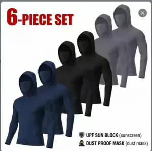 3 Pack Men's Compression Fit Hooded Shirt | Quick Dry Stretch UPF 50+ Sun Protection with Built-in Face Mask for Fishing Running Fitness Outdoor Work