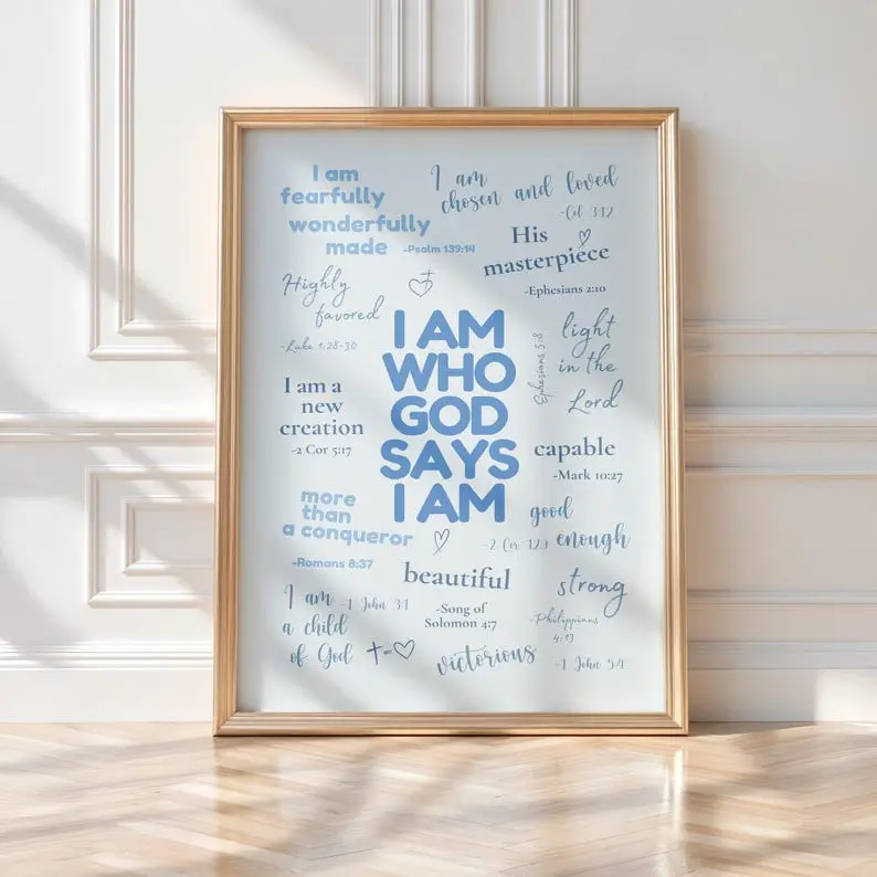 [UNFRAMED POSTER] Blue Bible Verse Wall Art – Christian Affirmation Print for College Girl – Trendy Scripture Decor – Godly Identity Print