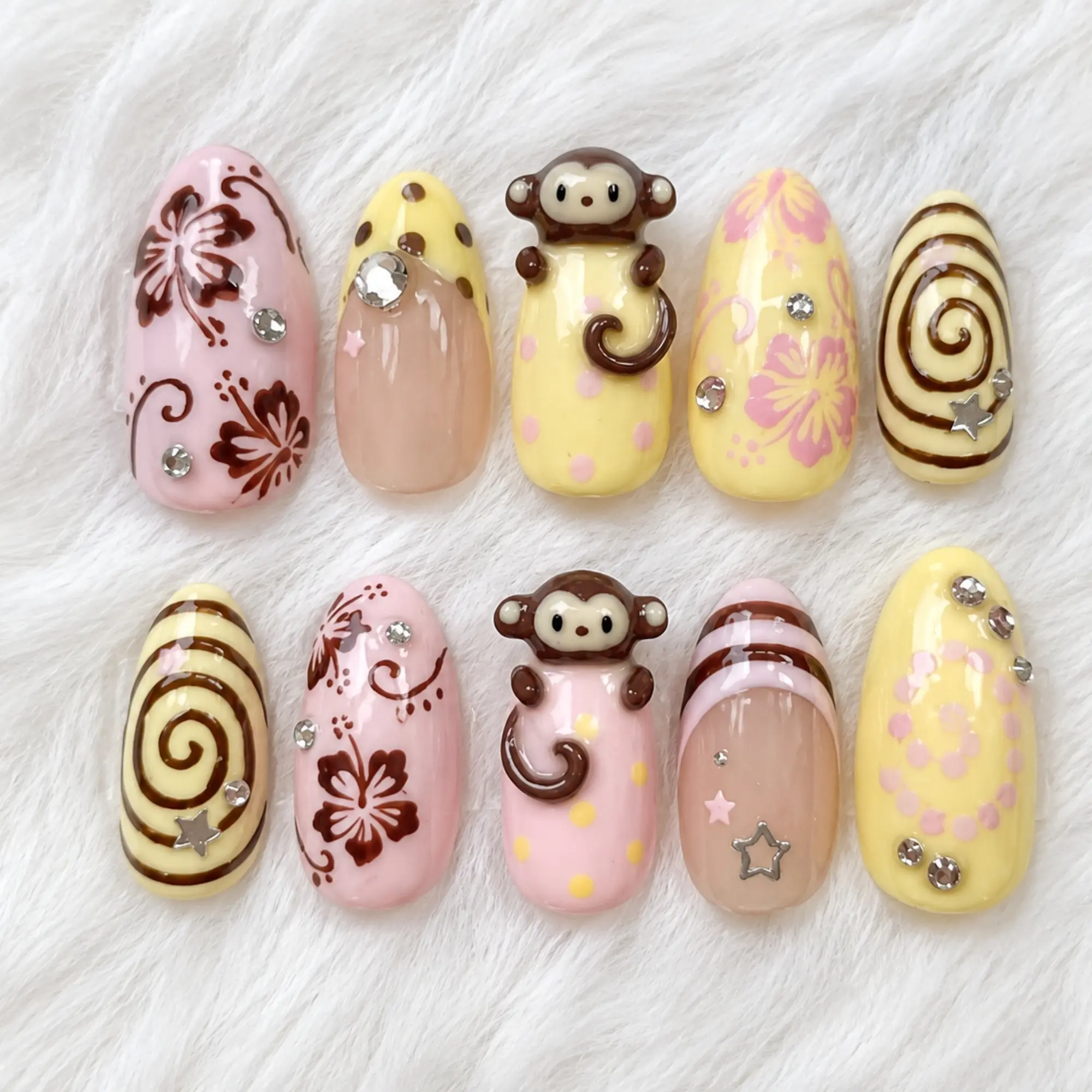 Handmade 3D Monkey Fakes Nails, Cute Animal Press On Nails, Summer Holiday Nail Design, Beach Vacation Gel Nails, Fruit Seafood Custom Nails