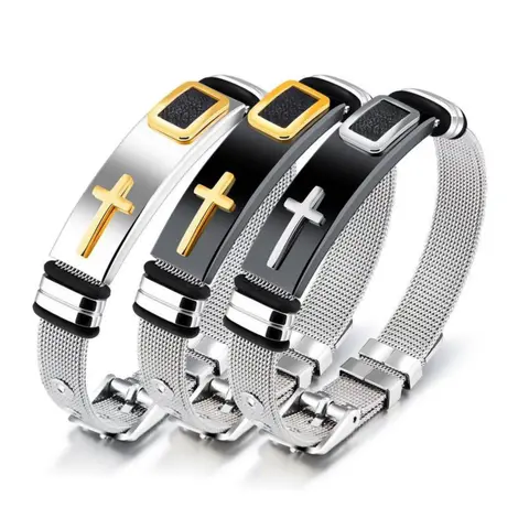 Unisex Stainless Steel Cross Charm Bangle - Adjustable Mesh Band, Rust-Resistant, Elegant Stylish Jewelry with Customizable Fit, Everyday Wear Artificial Gemstone Bracelet Accessory