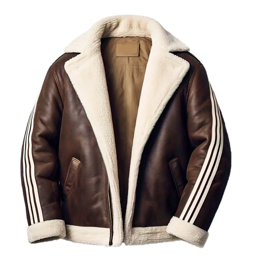 Men’s Open-Front Brown Leather Shearling Jacket