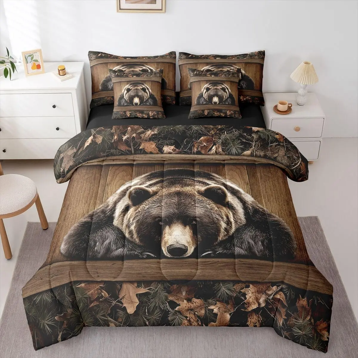 Grizzly Bear Bedding Set 7 Piece Rustic Hunting Bear Bed in A Bag with Sheets Farmhouse Cabin Comforter Set Adults,Wildlife Animal Black Brown Bed Sets