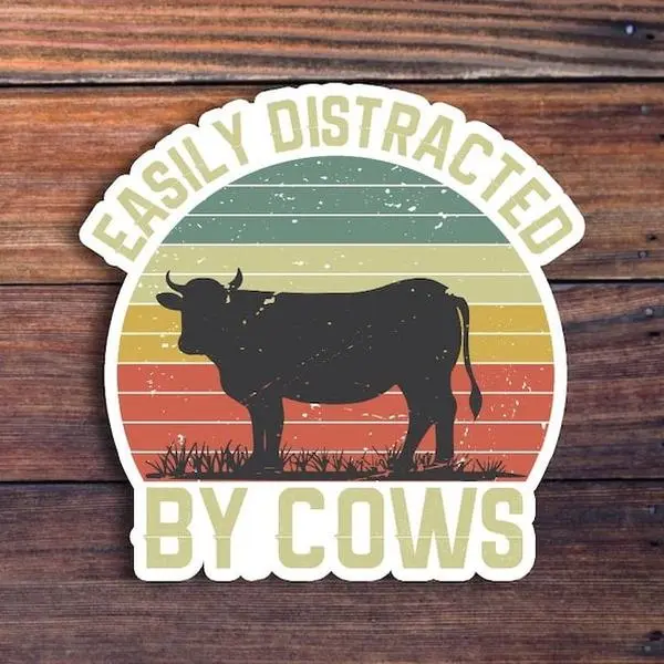 Easily Distracted By Cows Vinyl Sticker, Funny Sticker, Cows Stickers, Cows Water Bottle Sticker