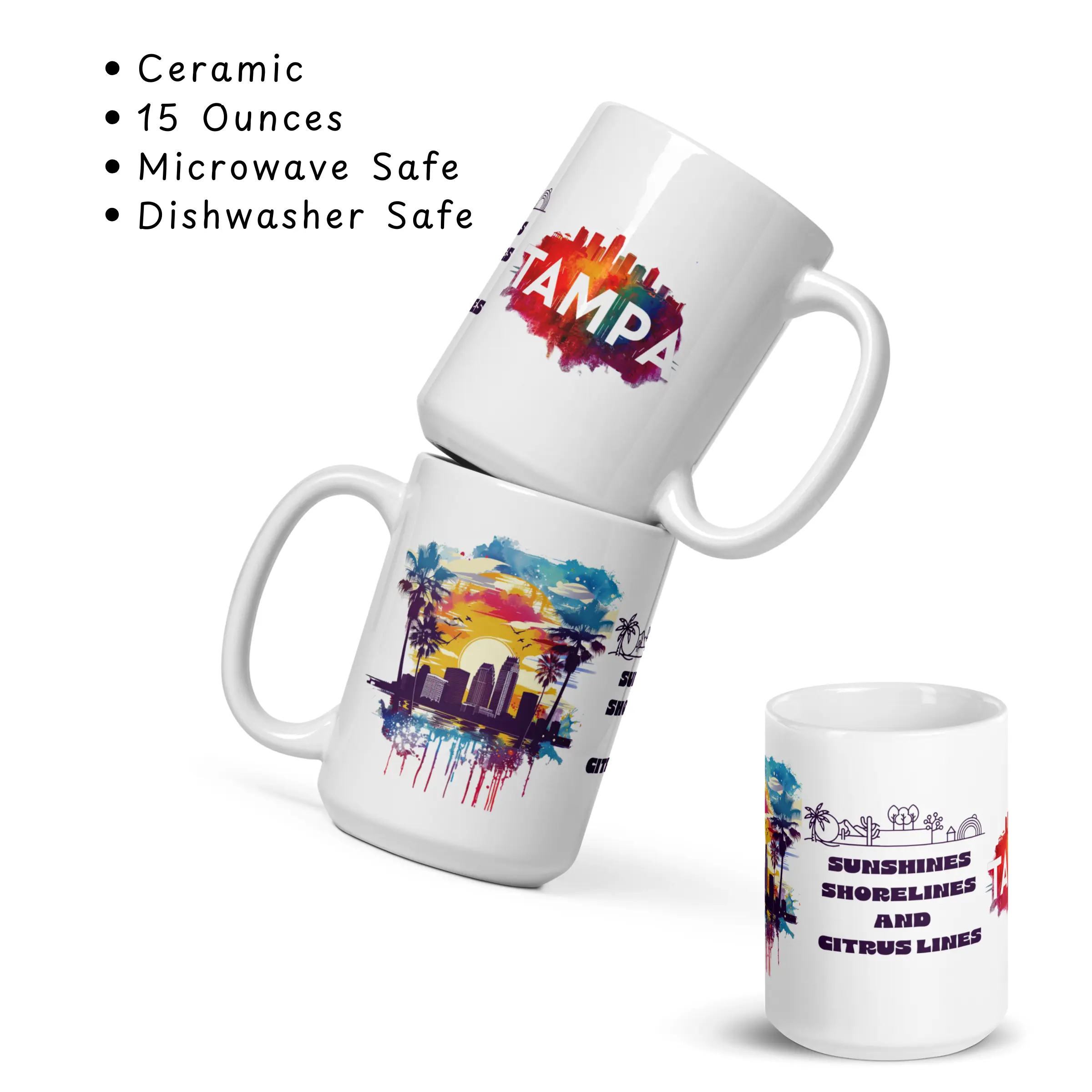 Ceramic Handmade Tumbler, Tampa-Inspired Florida Skyline Drinkware, Sunshine Shorelines & Citrus Lines Design, Microwave-Safe Washable Coffee Mug Souvenir Gift, Mountain