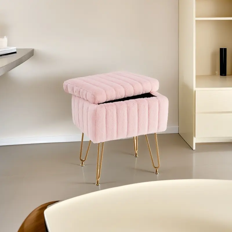 Vanity Stool Chair Faux Fur with Storage 15.7L x 11.8W x 19.4H Soft Ottoman 4 Metal Legs Anti-Slip Feet Furry Padded Seat Modern Multifunctional Chairs for Makeup Bedroom Pink Storage Ottoman Vanity Stools with Metal Legs 16.5 x 11.8 x 18