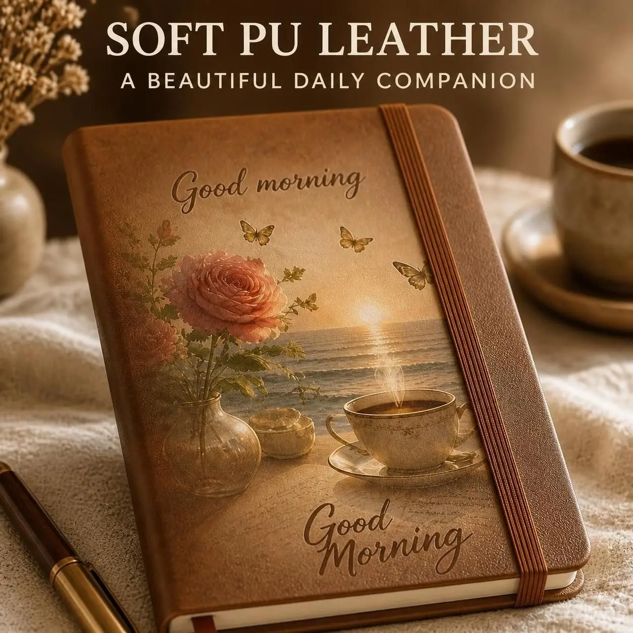 A5 PU Leather Journal, 180 Sheets / 360 Pages, Lays Flat 360°, Daily Planner Notebook with Date & Weather Sections, Elastic Closure and Ribbon Bookmark