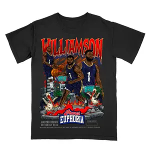 Zion Williamson Basketball Graphic T-Shirt – Pelicans Star Power Streetwear Tee with Dynamic Court Action Design