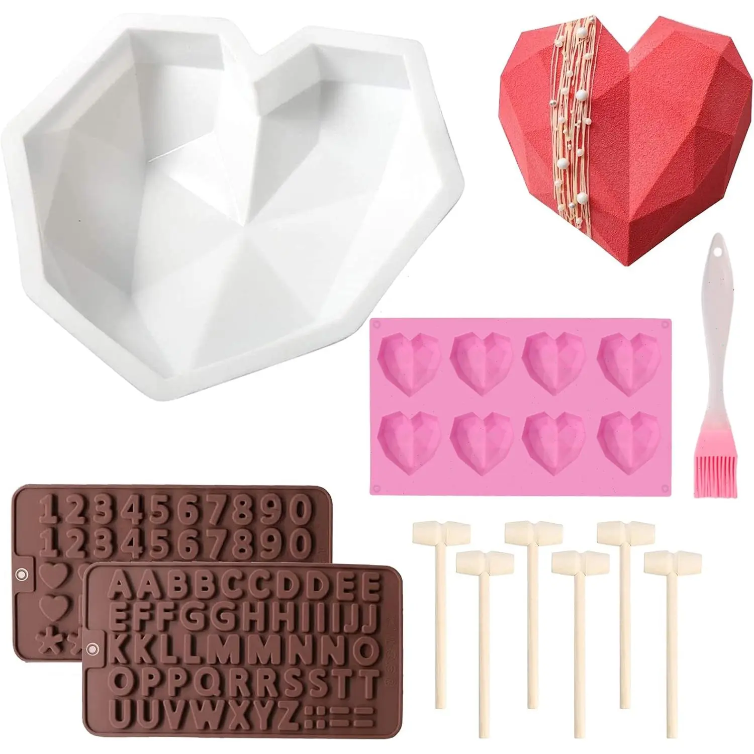 Silicone Heart Mold Chocolate Heart Shape Cake Mousse Dessert Baking Pan Silicone Love Fondant Mold with 5pcs Mini Wooden Hammer