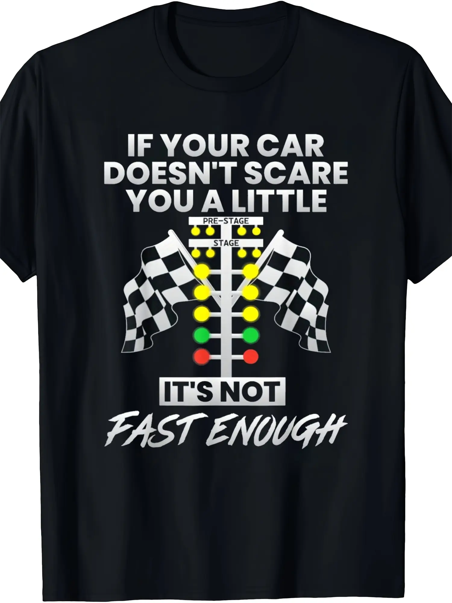 LocalMen's Drag Racing Graphic T-Shirt - 100_ Cotton Lightweight Short Sleeve Crew Neck Tee with Bold Fast Enough Slogan & Checkered Flag Design - Casual All-Season Wear for Parties Sports Gifts (Black) Sports F