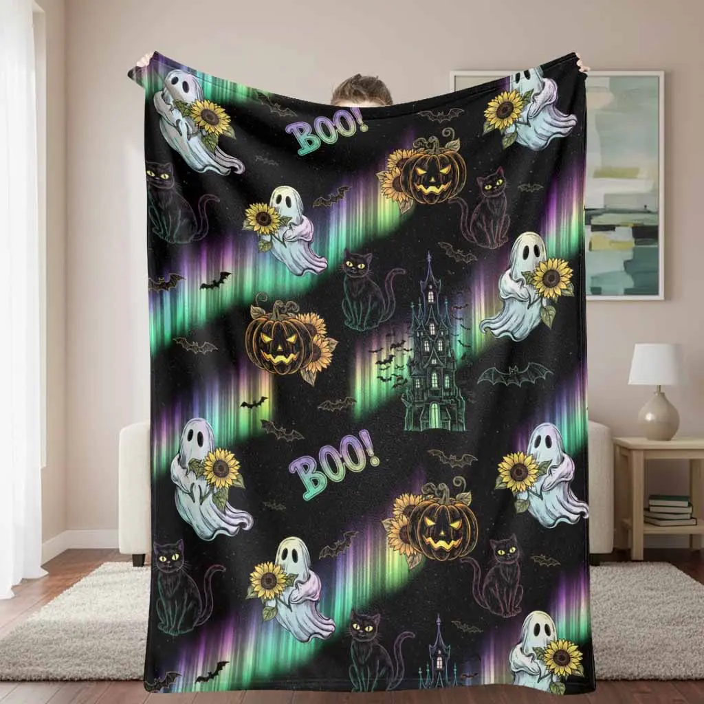 Halloween Gothic Flannel Throw Blanket, Black Cat-Ghost-Pumpkin-Haunted Castle Aurora Print, Soft Cozy Lightweight Warm, Machine Washable Anti-Pilling, for Indoor-Outdoor Home/Camping Sofa Bed Autumn Party Decor Gift
